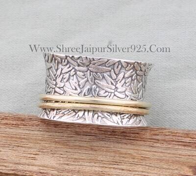 Engraved 925 Sterling Silver Designer Spinner Ring For Women, Handmade Two Tone Meditation Band Ring For Her, Silver Fidget Anxiety Ring
