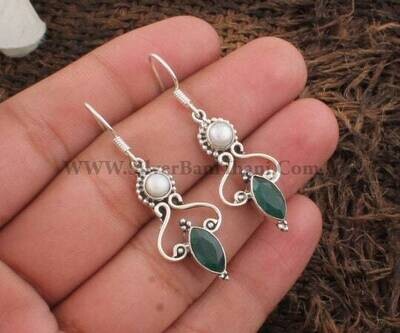 Emerald &amp; Pearl Silver Earrings | 925 Sterling Solid Silver Earrings | Designer Two Gemstone Earrings | Women Jewelry | Birthstone Earrings