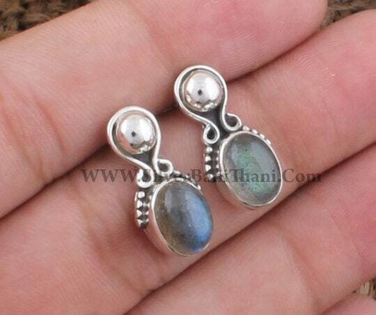 Labradorite Gemstone Silver Earring, Blue Fire Cabochon Stone Earring, Best Gift Item For Women's And Girl's, Gemstone-Healing Cyber