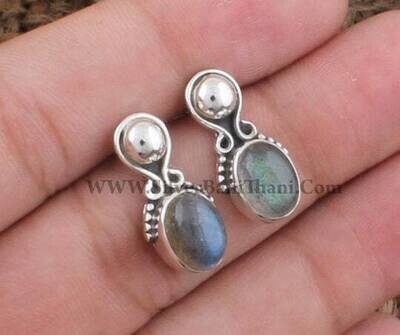 Labradorite Gemstone Silver Earring, Blue Fire Cabochon Stone Earring, Best Gift Item For Women's And Girl's, Gemstone-Healing Cyber