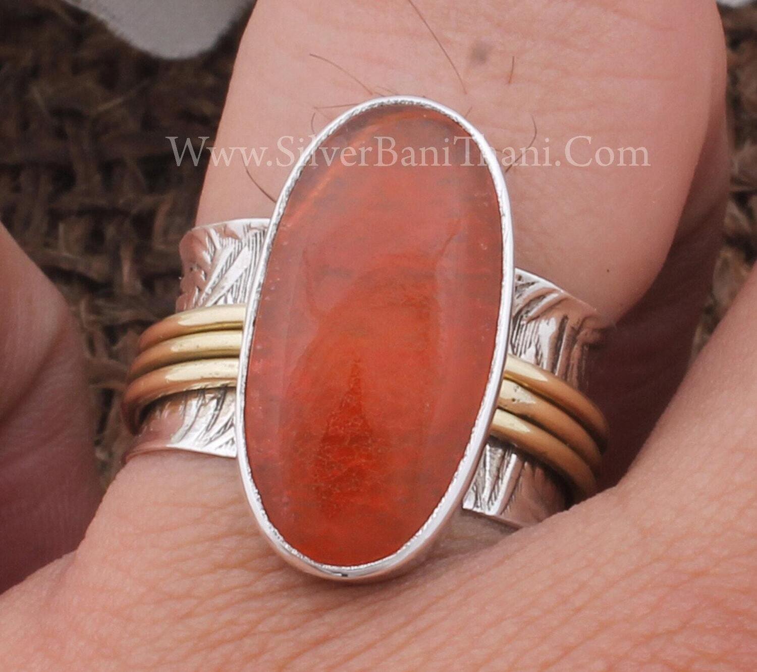 Engraved Two Tone Carnelian Jade Gemstone Silver Spinner Ring 925 Sterling Silver Oval Shape Gemstone Ring Handmade Women Silver Gift Idea