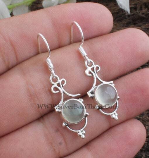 Prehnite Gemstone Earring-Designer Silver Earring-Green Oval Cabochon Stone Earring-Solid Silver Earring-Labour Day Gift Earring