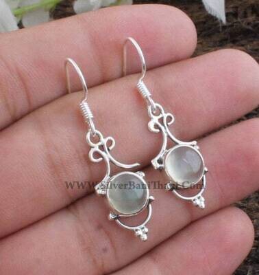 Prehnite Gemstone Earring-Designer Silver Earring-Green Oval Cabochon Stone Earring-Solid Silver Earring-Labour Day Gift Earring