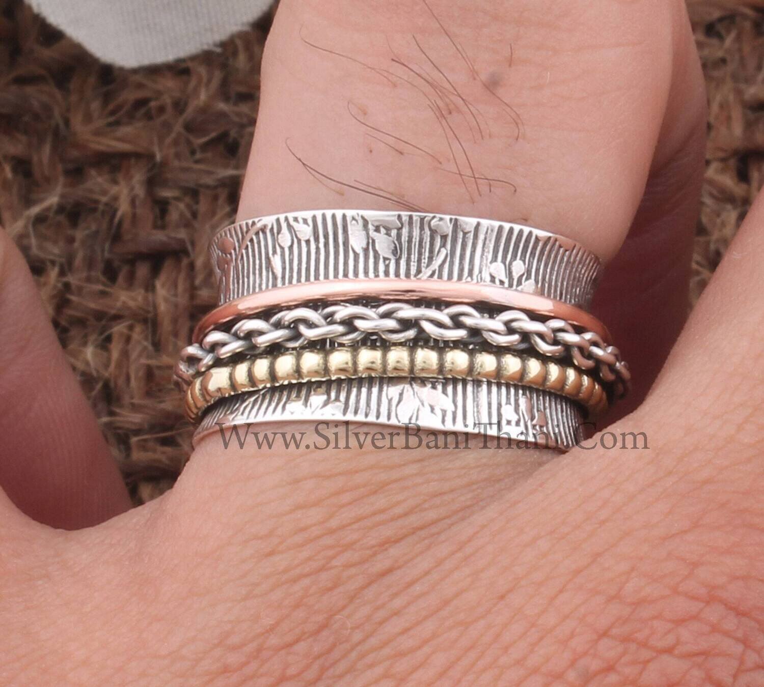 Chain Ring Solid 925 Sterling Silver Wide Band Spinner Ring For Women Handmade Three Tone Fidget Anxiety Rings For Birthday Gifts For Her