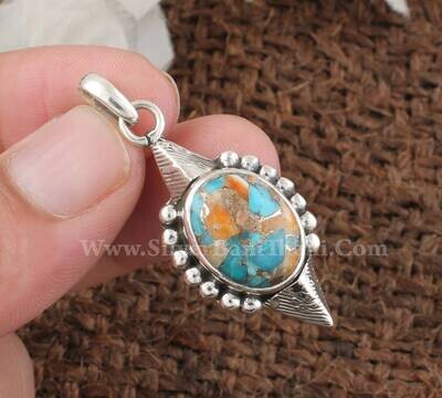 Oyster Copper Turquoise Silver Gemstone Pendant | 925 Sterling Silver Oval Stone Necklace Pendant | Designer Handmade Pendant For Women Gift