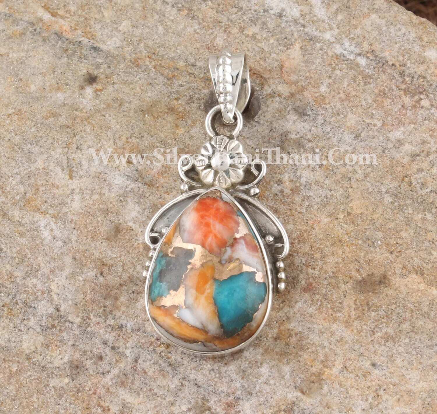 Oyster Copper Turquoise Silver Pendant | 925 Sterling Silver Pear Stone Necklace Pendant | Designer Flower Handmade Pendant For Women Gift