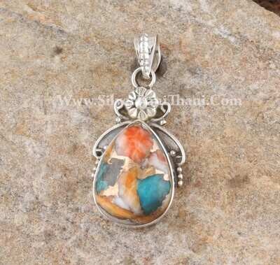 Oyster Copper Turquoise Silver Pendant | 925 Sterling Silver Pear Stone Necklace Pendant | Designer Flower Handmade Pendant For Women Gift