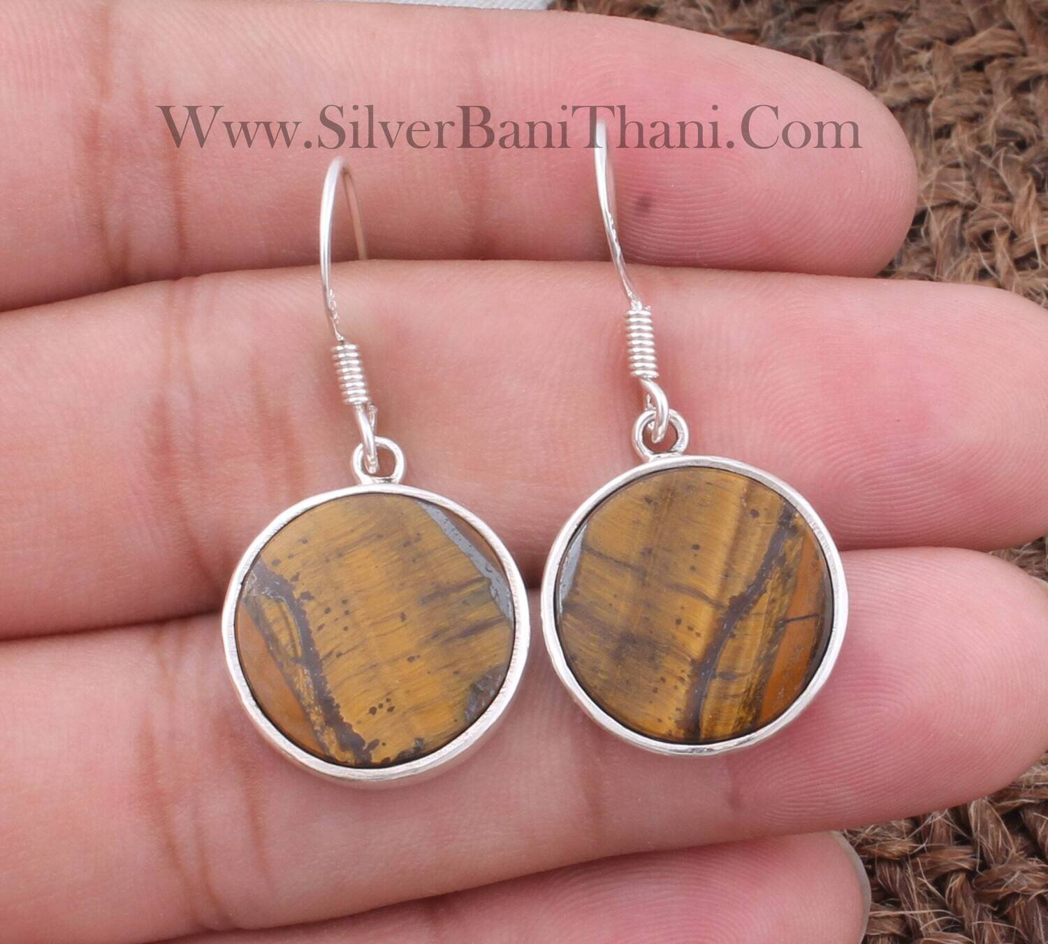 Tiger's Eye Round Gemstone Silver Earrings | 925 Sterling Solid Silver Earrings | Designer Handmade Gemstone Earrings | Women Waddings Jewelry For Gifts Him