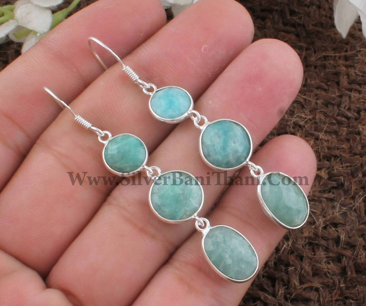 Natural Amazonite Gemstone Silver Earrings | 925 Sterling Silver Faceted Cut Stone Earrings | Handmade Bezel Set Earring | Mother's Day Gift