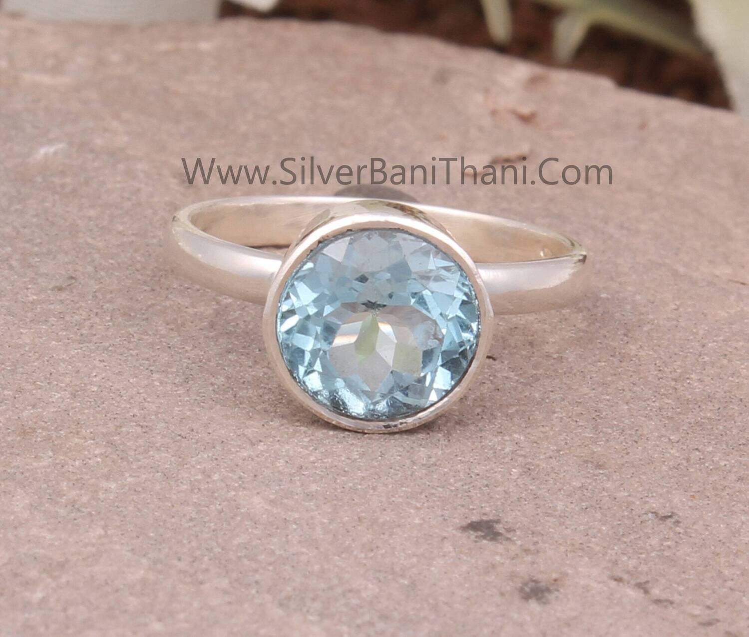 Solid 925 Sterling Silver  Blue Topaz Round Cut Gemstone Ring For Women | Handmade Silver Ring For Wedding Anniversary Gift For Her