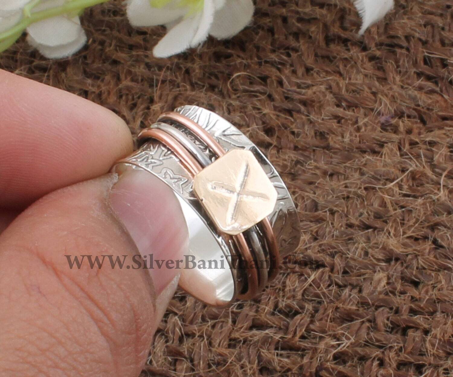 Designer Capital X Latter Two Tone Spinner Ring | 925 Sterling Silver &amp; Brass Ring | Designer Handmade Band Ring | Boho Worry Ring Gift Idea