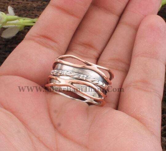 925 Sterling Silver &amp; Brass Carved Spinner Ring | Designer Handmade Antiqued Silver Meditation Ring | Women Wedding Jewelry | Gift For Her