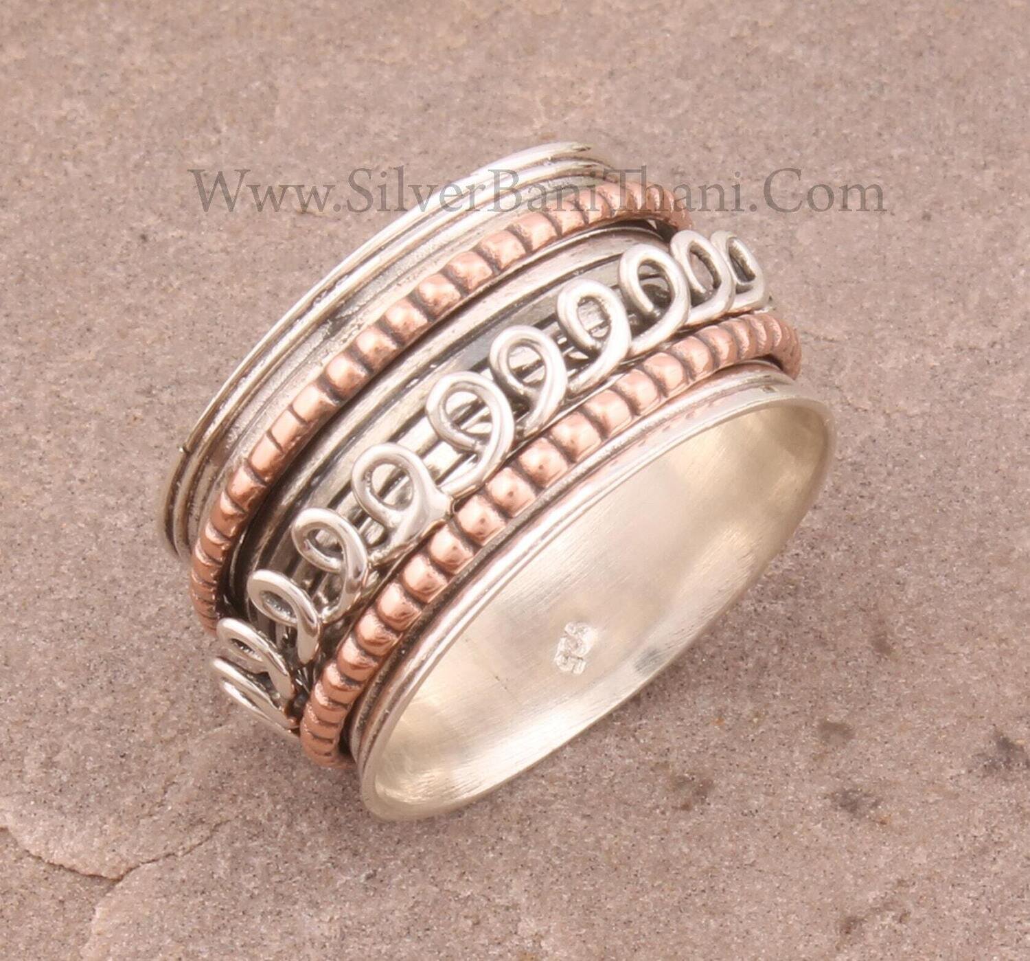 Spiral Silver Solid 925 Sterling Silver Wide Band Spinner Ring For Women Handmade Three Tone Fidget Anxiety Rings Birthday Gifts For Her