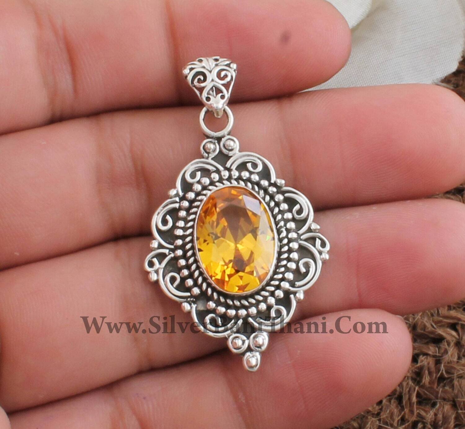 Yellow Cubic Zirconia Solid 925 Sterling Silver Necklace Pendant For Wedding Anniversary, Handmade Silver Boho Pendant For Bridal Jewelry