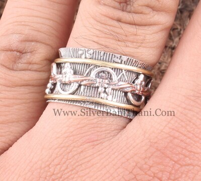 Solid 925 Sterling Silver Engraved Band Spinner Ring For Women | Handmade Three Tone Twisted Fidget Anxiety Rings For Anniversary Gifts Idea