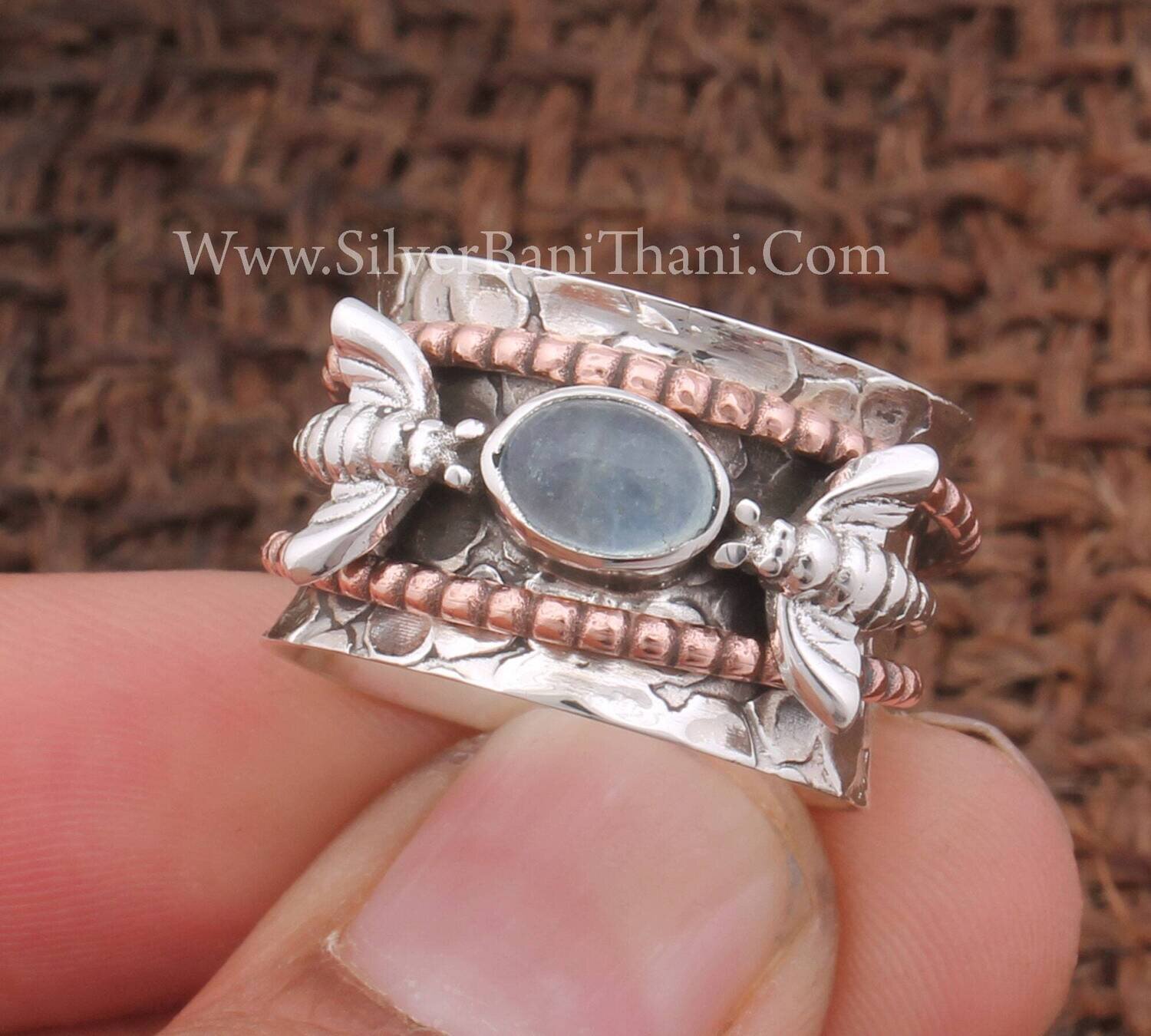 Aquamarine Gemstone Silver Spinner Ring 925 Sterling Silver Two Honey Bee Silver Ring Meditation Ring Boho Fidget Ring Gift For Women Rings