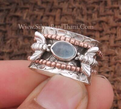 Aquamarine Gemstone Silver Spinner Ring 925 Sterling Silver Two Honey Bee Silver Ring Meditation Ring Boho Fidget Ring Gift For Women Rings