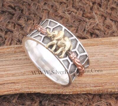 925 Sterling Silver &amp; Brass Elephant Spinner Ring Designer Hand Carved Meditation Ring Wide Band Ring Boho Jewelry Women Ring Gift For Her
