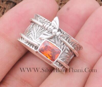 Spinner Spin Ring 925 Sterling Silver Spinning Ring Flower Silver Band Fidget Ring Stress Ring Meditation Ring Orange Zircon Honey Bee Ring