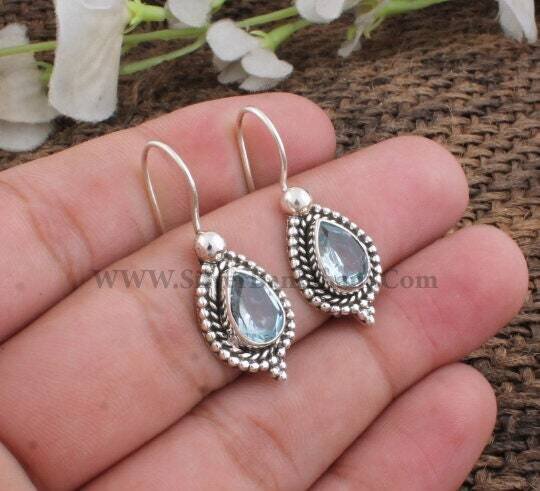 Top Rare Blue Topaz Earring-Dangle Earring-Lovely Gemstone Earring-Pear Design Silver Cut Stone Earring-Jewelry Handcrafted-Christmas