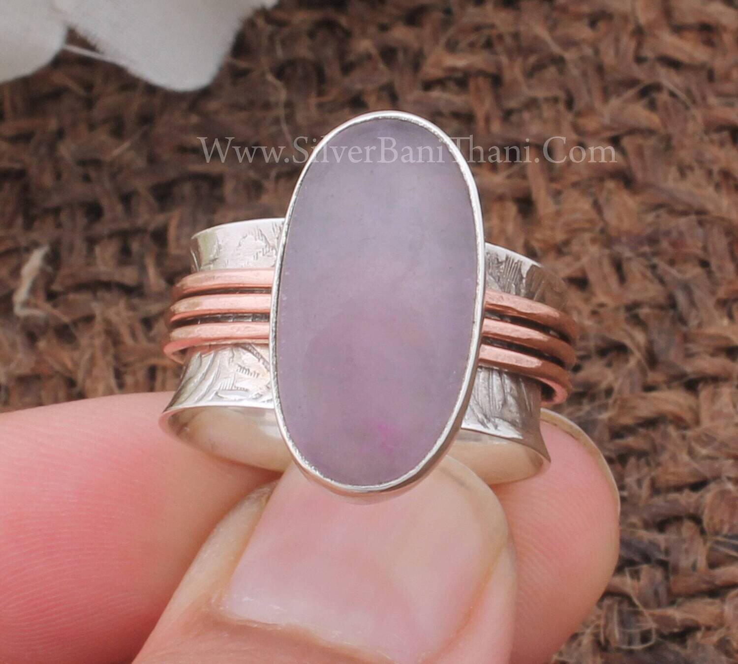 925 Sterling Silver &amp; Brass Lavender Jade Spinner Ring Designer Handmade Carved Silver Meditation Ring Women Jewelry  Birthday Jewelry Gift