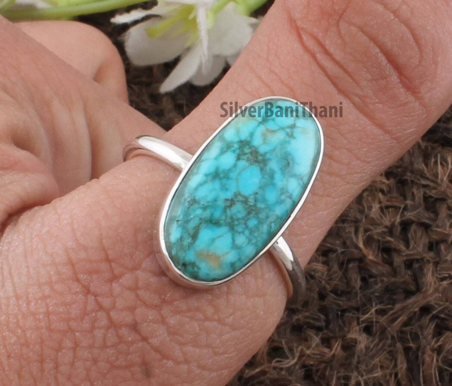 Tibetan Turquoise Oval Gemstone Silver Ring | 925 Sterling Solid Silver Ring | Boho Handmade Silver Jewelry | Valentine's Day Ring Gift Idea