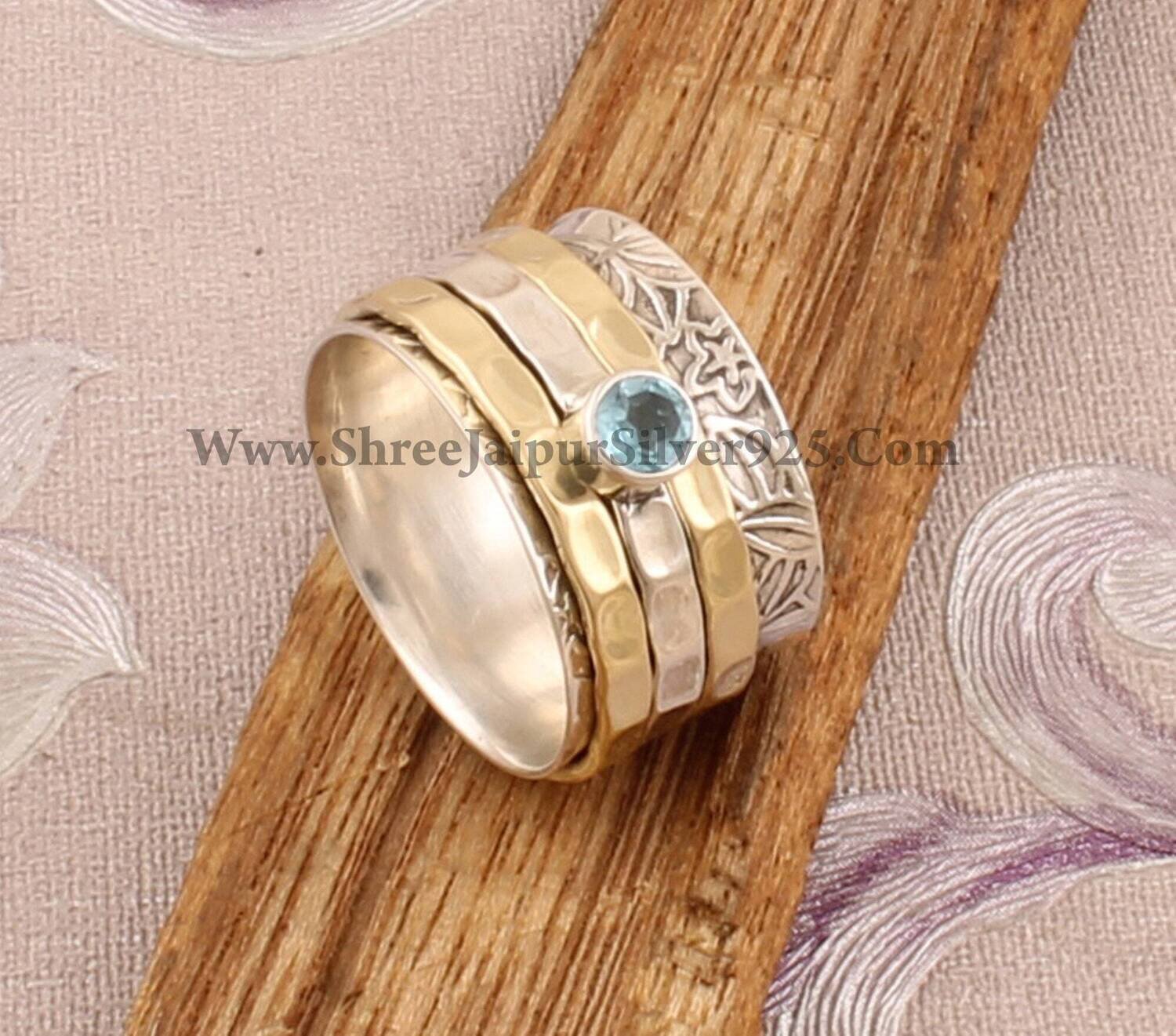 925 Sterling Silver &amp; Brass Natural Blue Topaz Spinner Rings, Handmade Hammered Two Tone Designer Carved Spinner Rings, Valentine's Day Gift