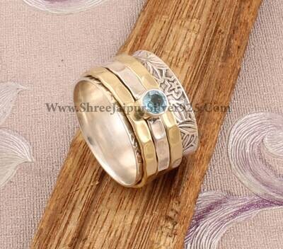925 Sterling Silver &amp; Brass Natural Blue Topaz Spinner Rings, Handmade Hammered Two Tone Designer Carved Spinner Rings, Valentine's Day Gift