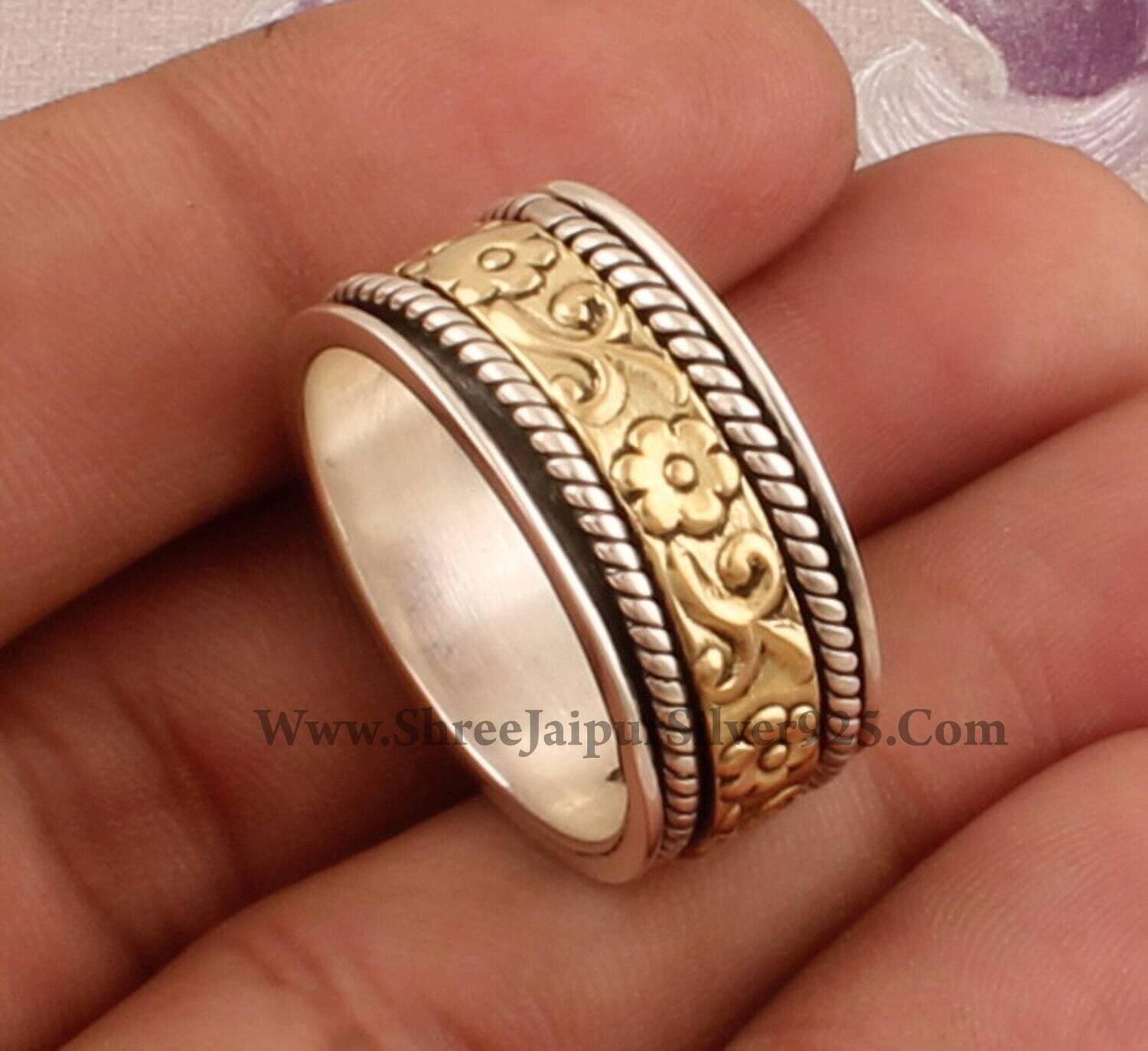 925 Sterling Silver &amp; Brass Designer Carved Spinner Ring, Handmade Two Tone Meditation Rings, Worry Rings, Valentine's Day Gift Idea Jewelry