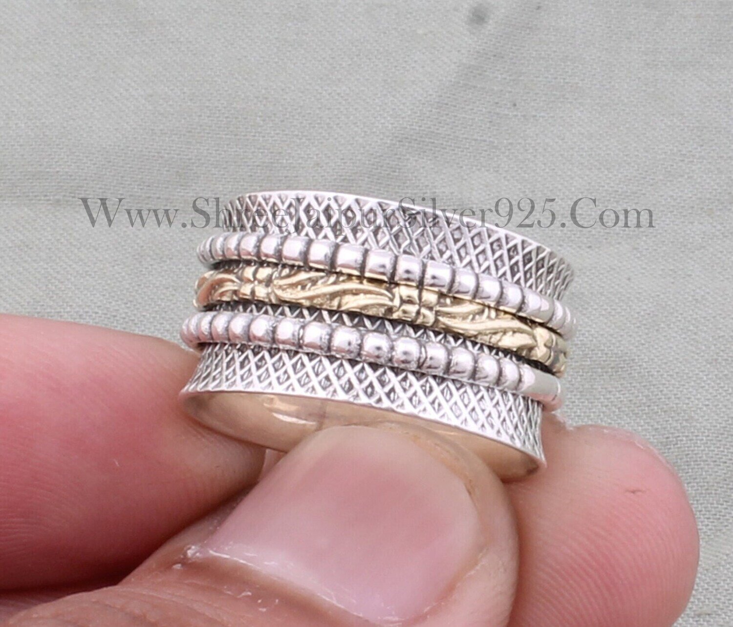 925 Sterling Silver &amp; Brass Designer Carved Spinner Ring, Handmade Two Tone Boho Meditation Ring, Valentine's Day Jewelry