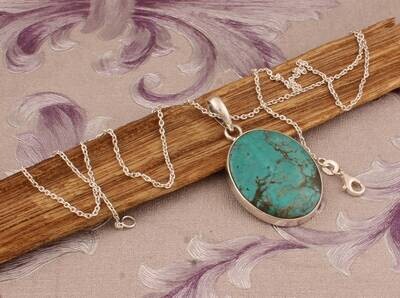 925 Sterling Silver Tibetan Turquoise Pendant Necklace, Handmade Oval Gemstone Silver Necklace, Women Jewelry Gift Idea, Cyber Sale