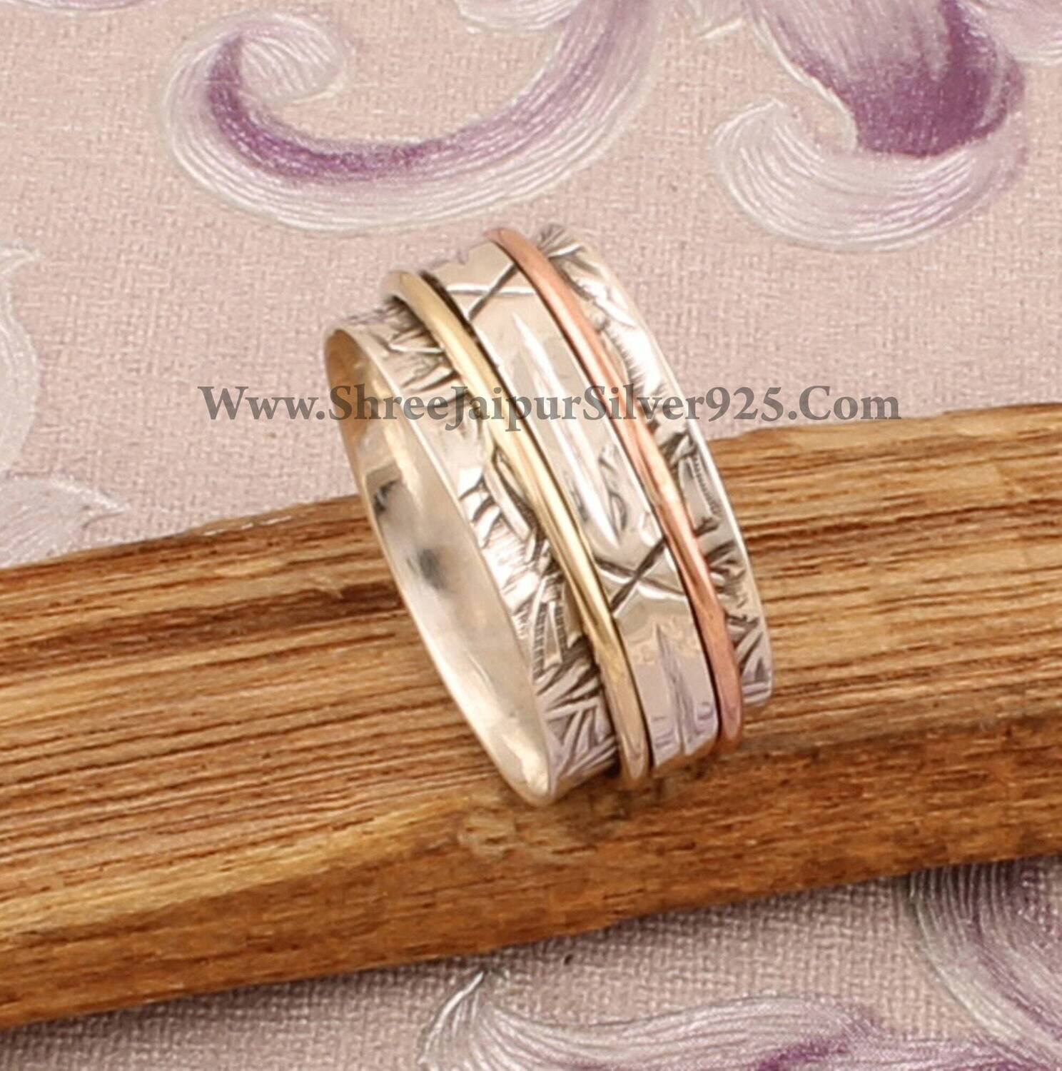 925 Sterling Silver &amp; Brass Designer Carved Spinner Ring, Handmade Three Tone Band Meditation Ring, Women Jewelry, Valentine's Day Gift Idea