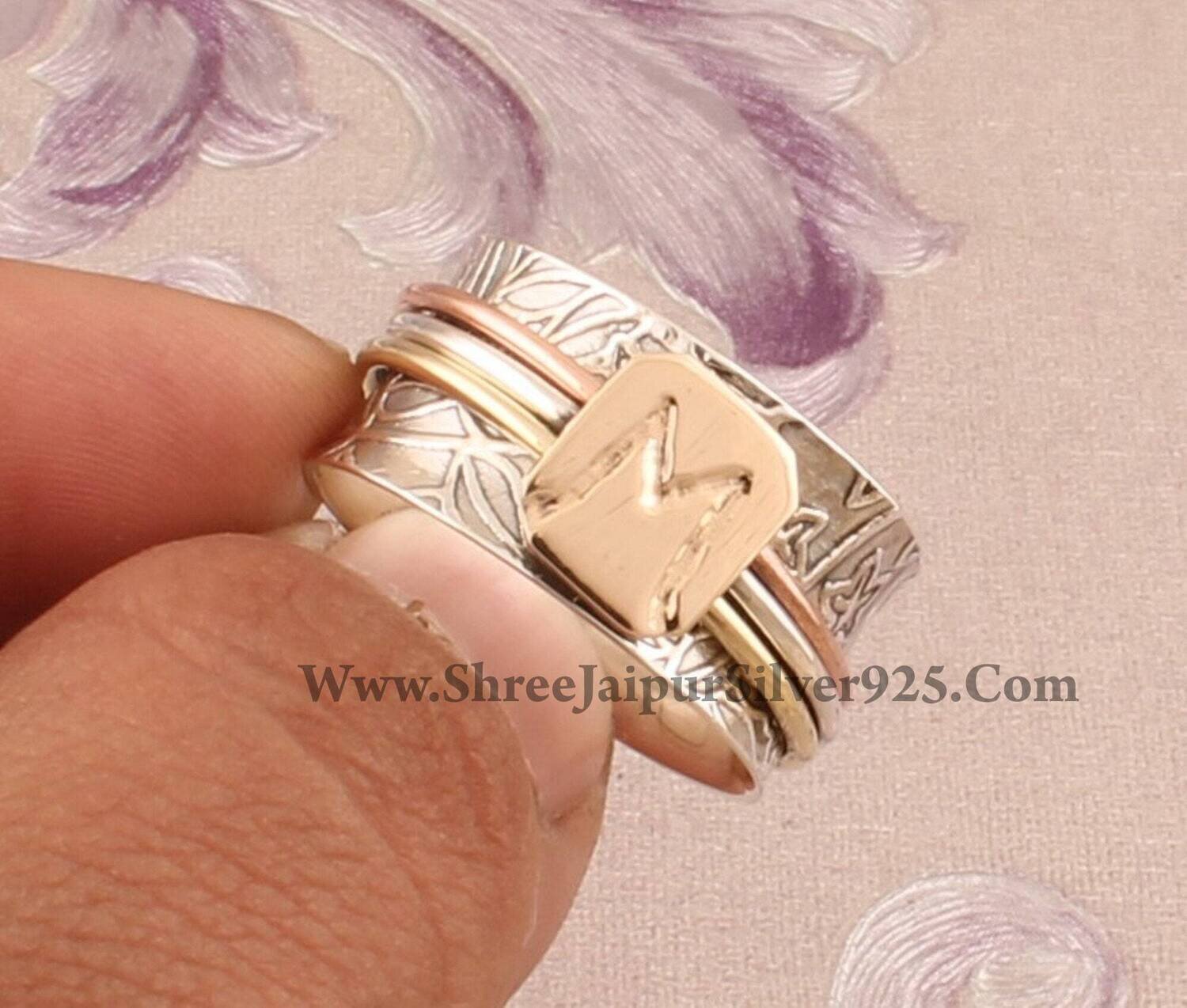 925 Sterling Silver &amp; Brass M Letter Spinner Ring, Handmade Three Tone Designer Carved Band Spinner Ring, Valentine's Day Gift Idea Jewelry