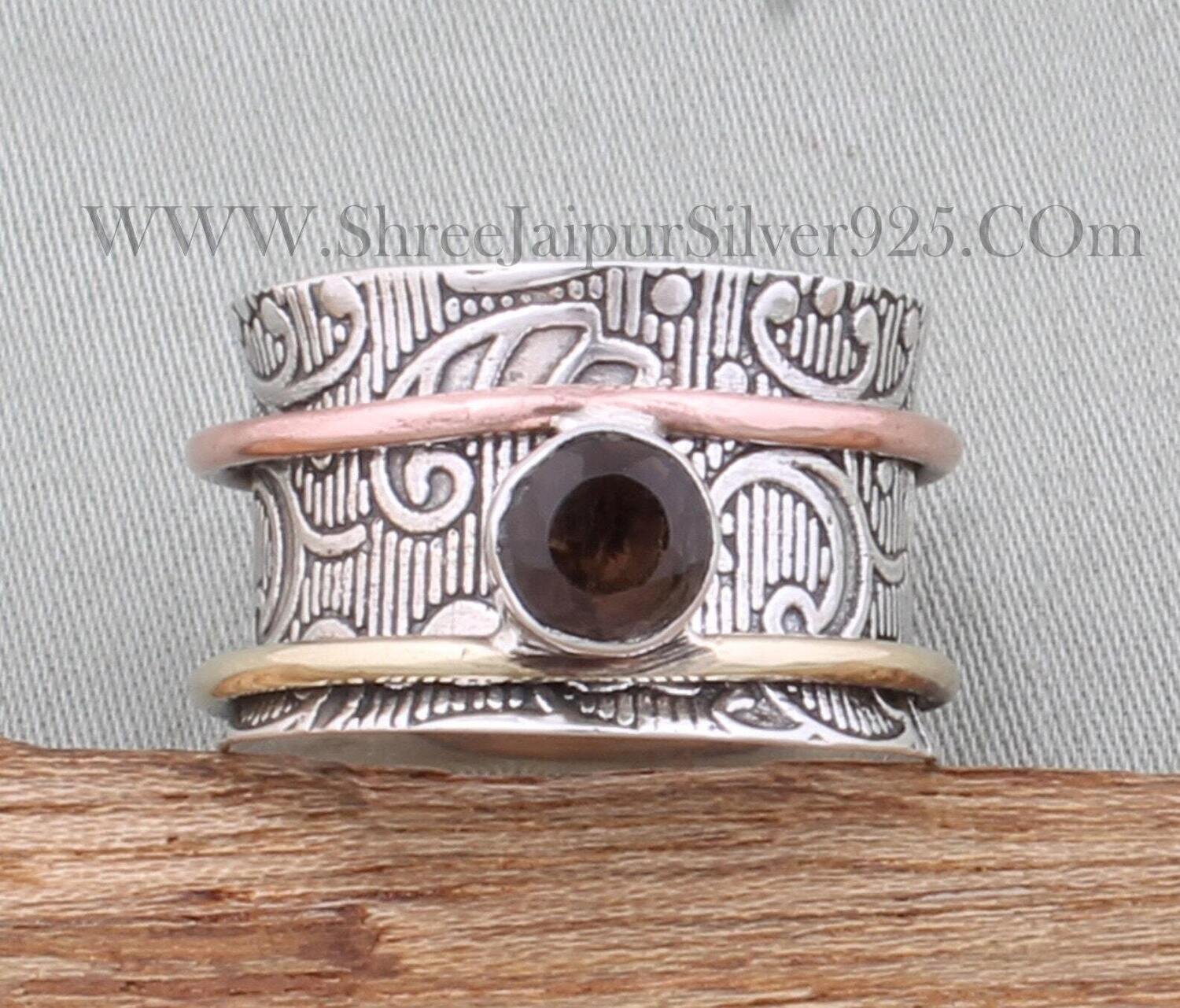 925 Sterling Silver &amp; Brass Smoky Topaz Spinner Rings, Handmade Hammered Three Tone Designer Carved Spinner Rings, Gift For WomenBirthstone