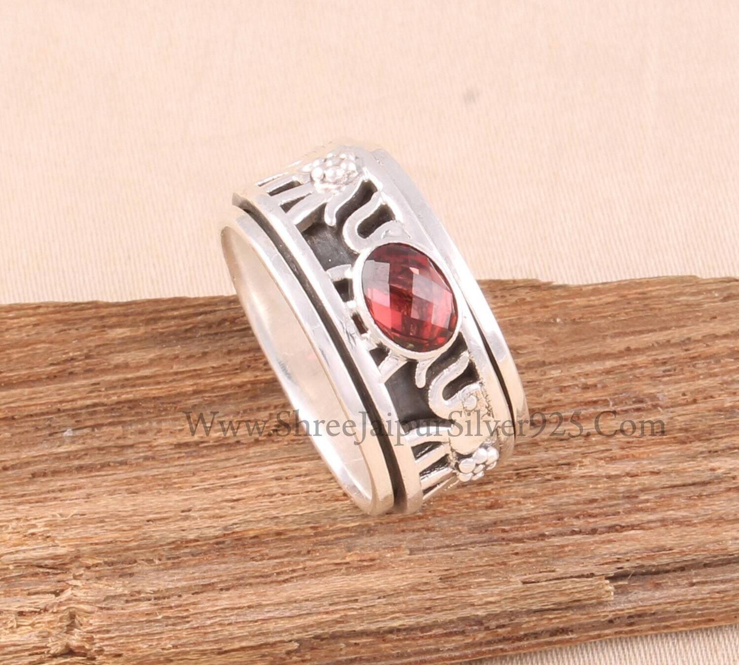 Natural Faceted Garnet Oval Solid 925 Sterling Silver Elephant Spinner Ring For Women, Handmade Band Anxiety Fidget Ring Gifts Anniversary
