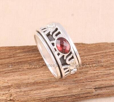 Natural Faceted Garnet Oval Solid 925 Sterling Silver Elephant Spinner Ring For Women, Handmade Band Anxiety Fidget Ring Gifts Anniversary