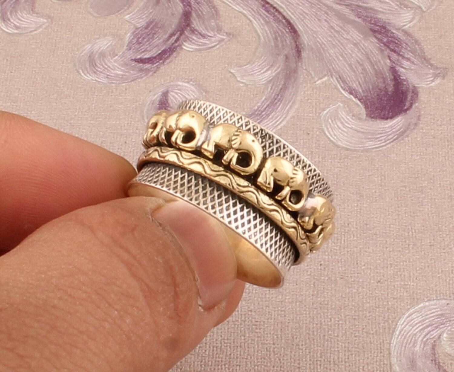 925 Sterling Silver &amp; Brass Designer Elephants Spinner Ring, Handmade Two Tone Boho Meditation Ring, Valentines Day Jewelry
