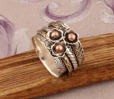 925 Sterling Silver &amp; Brass Carved Designer Ring For Women Spinner Ring Handmade Thumb Anxiety Worry Meditation Three Tone Ring Gift For Mom