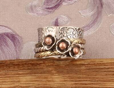 925 Sterling Silver &amp; Brass Designer Carved Spinner Ring, Handmade Three Tone Boho Meditation Ring, Valentine's Day Jewelry