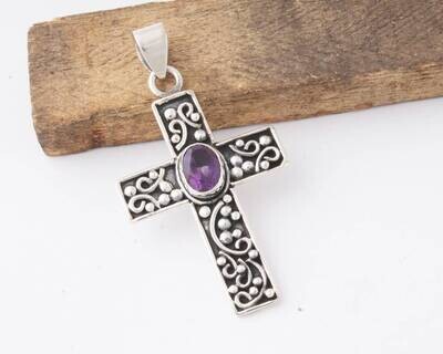 925 Sterling Silver Cross Pendant For Women Natural Amethyst Pendant Purple Oval Handmade Gemstone Pendant Antique Silver Art Deco Mom Gifts
