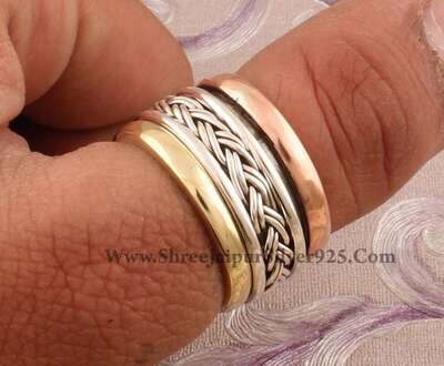 925 Sterling Silver &amp; Brass Designer Braided Spinner Ring, Handmade Three Tone Meditation Ring, Worry Ring, Valentines Day Gift Idea Jewelry