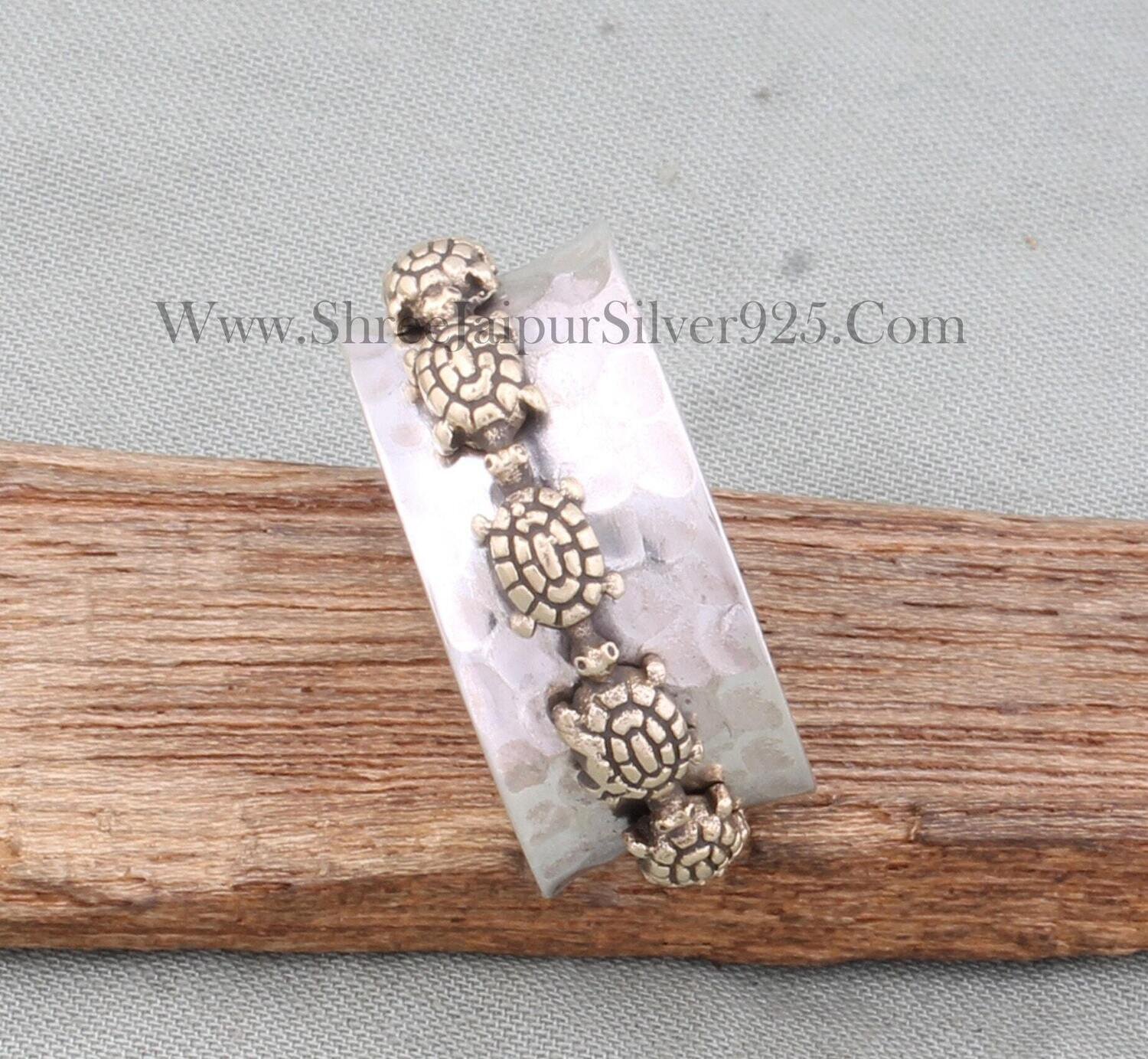 925 Sterling Silver &amp; Brass Designer Turtles Spinner Ring, Handmade Hammered Two Tone Boho Meditation Ring, Valentine's Day
