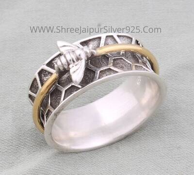 Honey Bee With Nest Solid 925 Sterling Silver Oxidized Textured Band Spinner Ring For Women, Handmade Engraved Two Tone Anxiety Ring For Her