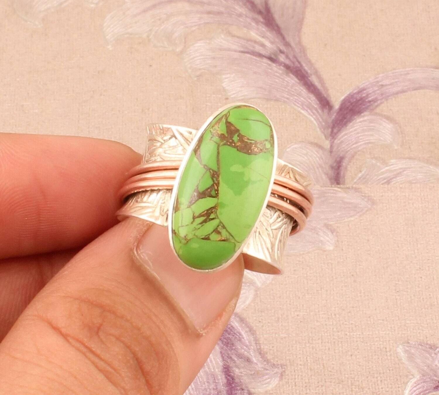 925 Sterling Silver &amp; Brass Green Jade Oval Gemstone Spinner Ring, Handmade Two Tone Meditation Ring, Valentine's Day Gift