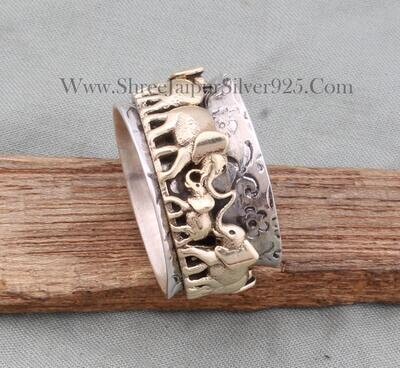 Elephant Family Ring,Thumb Ring 925-Sterling Solid Silver Ring,Spinner Ring,Antique Silver Ring,Silver &amp; Brass Ring,Ring Gift For Him