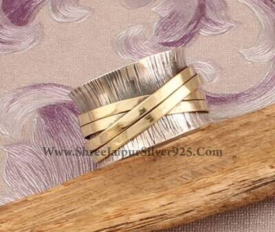 925 Sterling Silver &amp; Brass Designer Textured Spinner Ring, Handmade Two Tone Boho Meditation Ring, Valentine's Day Jewelry