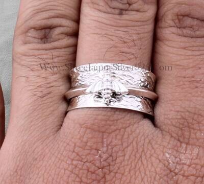 Honey Bee Silver Spinner Ring 925 Sterling Silver Ring Textured Silver Band RingBirthstone