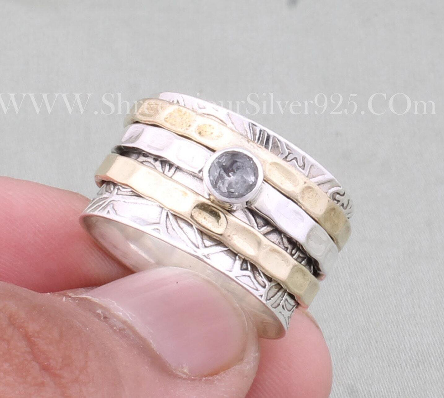 925 Sterling Silver &amp; Brass Natural Crystal Quartz Spinner Rings, Handmade Hammered Two Tone Designer Carved Spinner Rings, Gift For Women