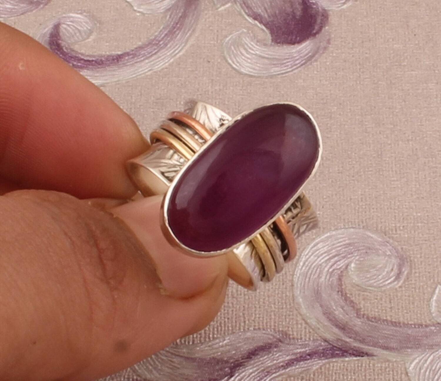 925 Sterling Silver &amp; Brass Purple Jade Oval Gemstone Spinner RingBirthstone