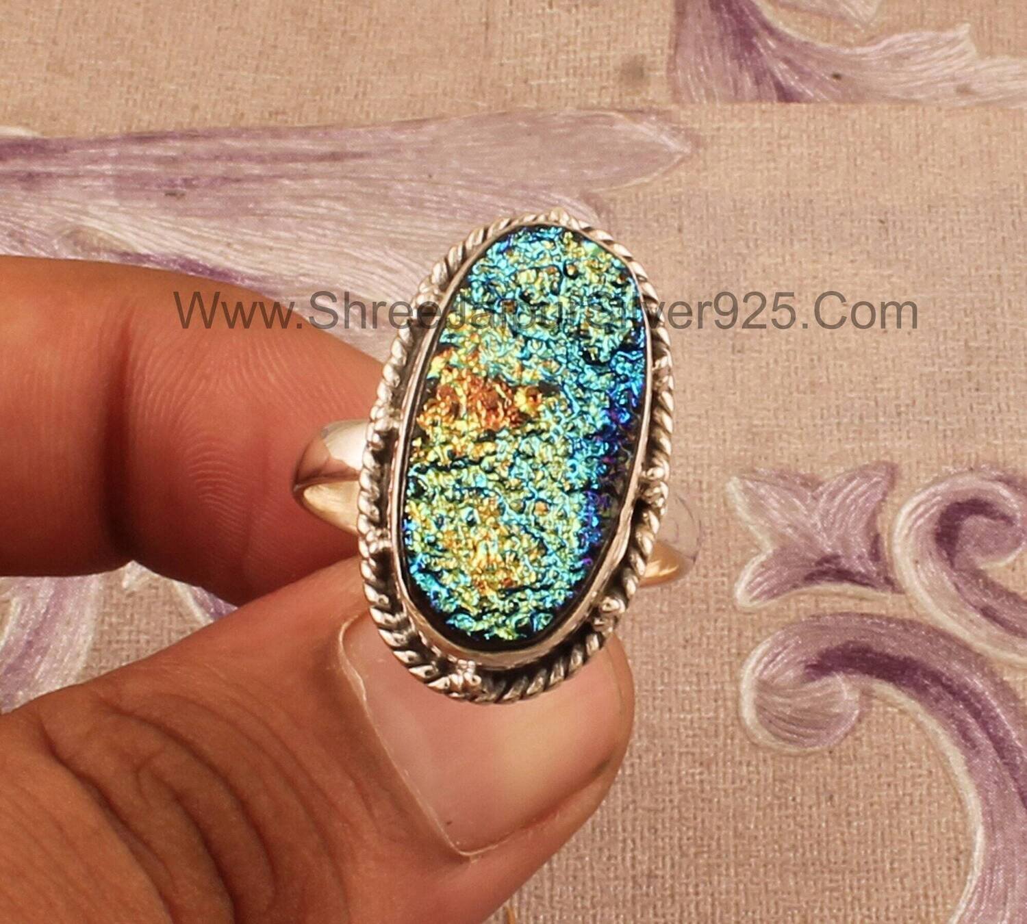 925 Sterling Silver Titanium Druzy Round Shape Rings, Designer Handmade Silver Band Rings, Women Jewelry, Christmas Gift Jewelry For Women